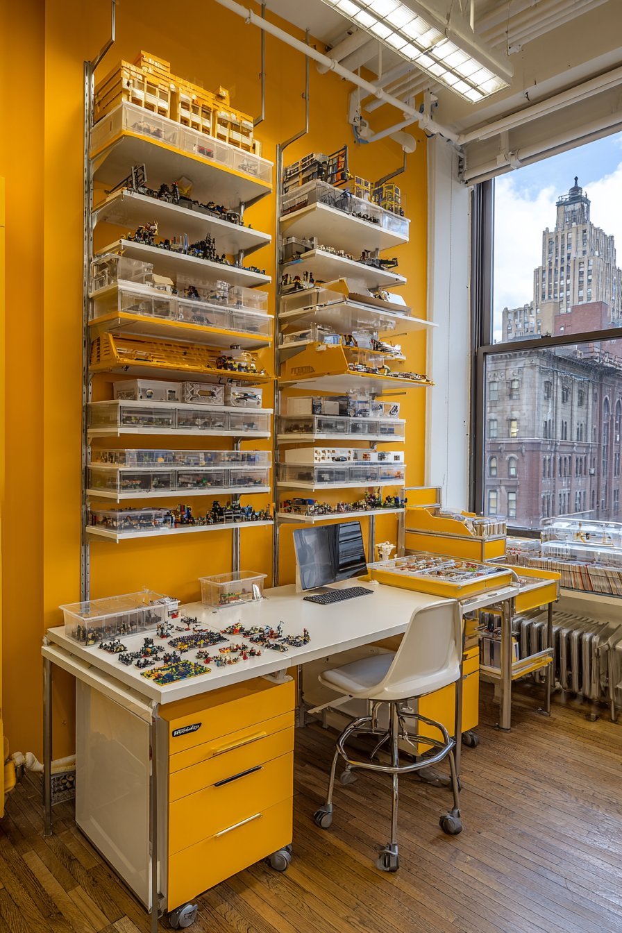 Homeschool wall system with themed Lego display shelves, closed cabinets, fold-down desk and rolling cart