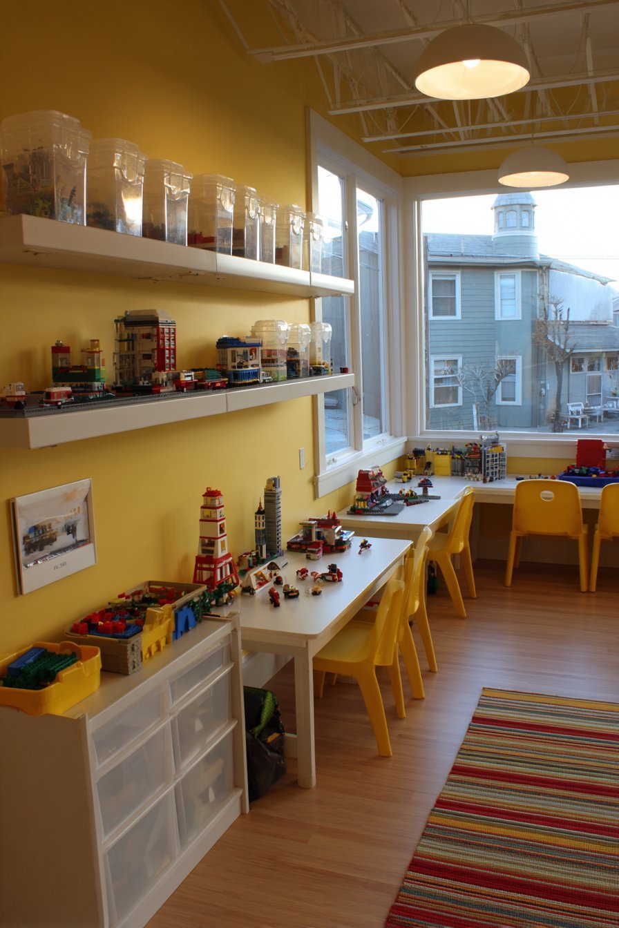 Homeschool wall system with themed Lego display shelves, closed cabinets, fold-down desk and rolling cart