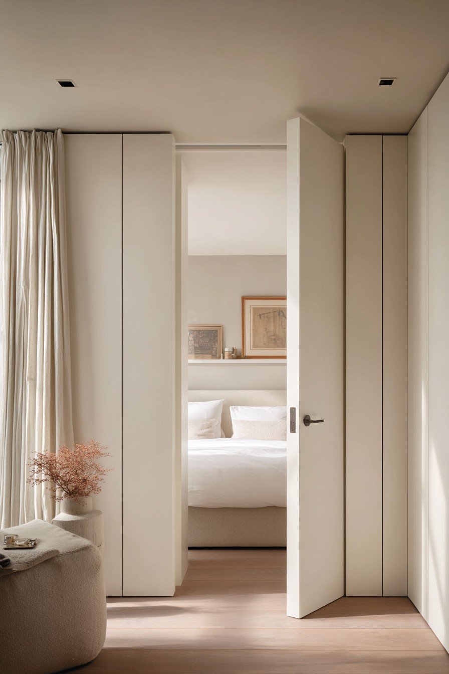 White flush bedroom door with recessed handle and concealed hinges blending into white walls