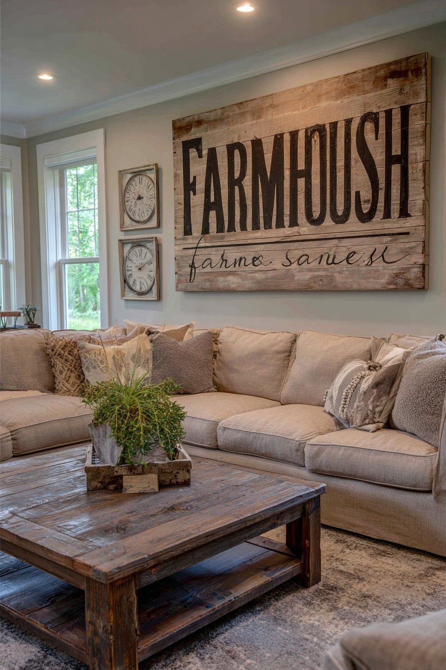 Modern farmhouse living room with sage green shiplap wall, rustic wood sign and beige linen sectional
