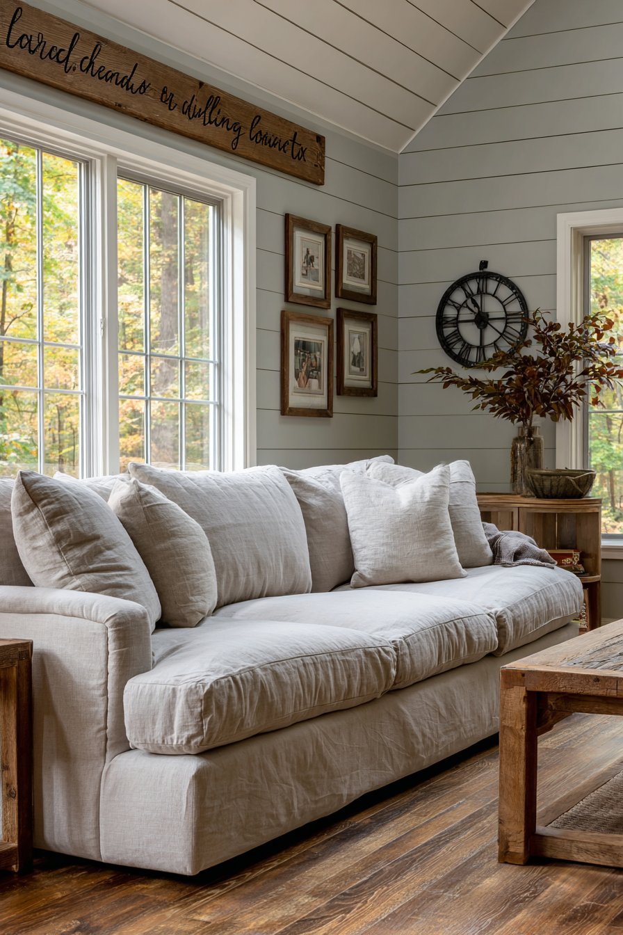 Modern farmhouse living room with sage green shiplap wall, rustic wood sign and beige linen sectional