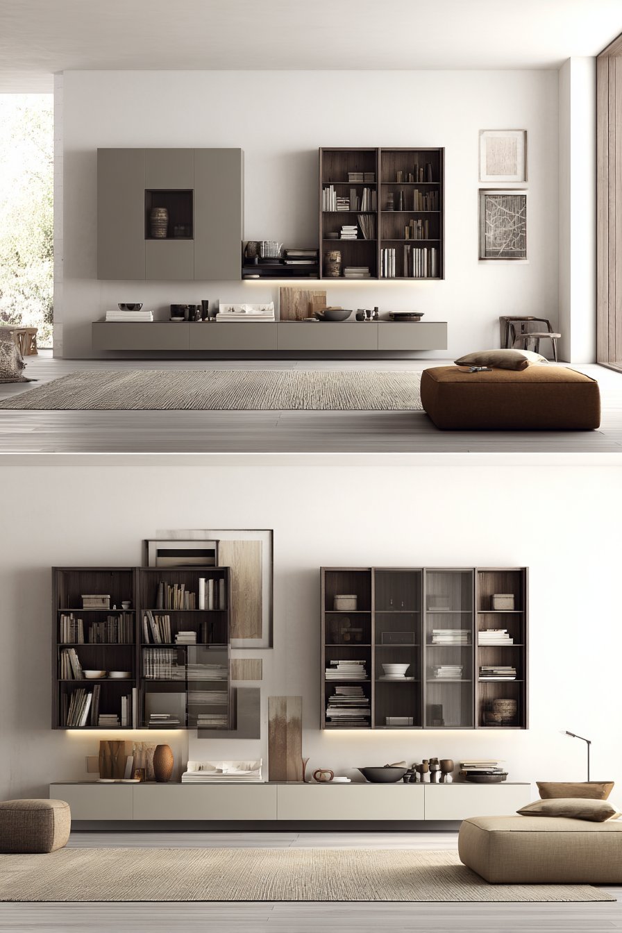 Matte grey floating wall cabinets in an asymmetrical layout with glass doors and LED lighting