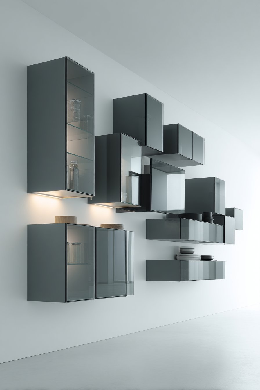 Matte grey floating wall cabinets in an asymmetrical layout with glass doors and LED lighting