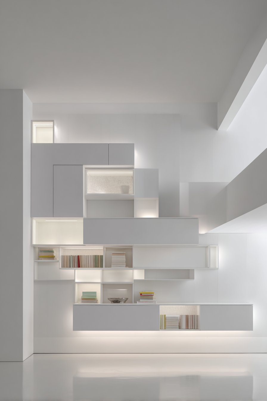 Matte grey floating wall cabinets in an asymmetrical layout with glass doors and LED lighting