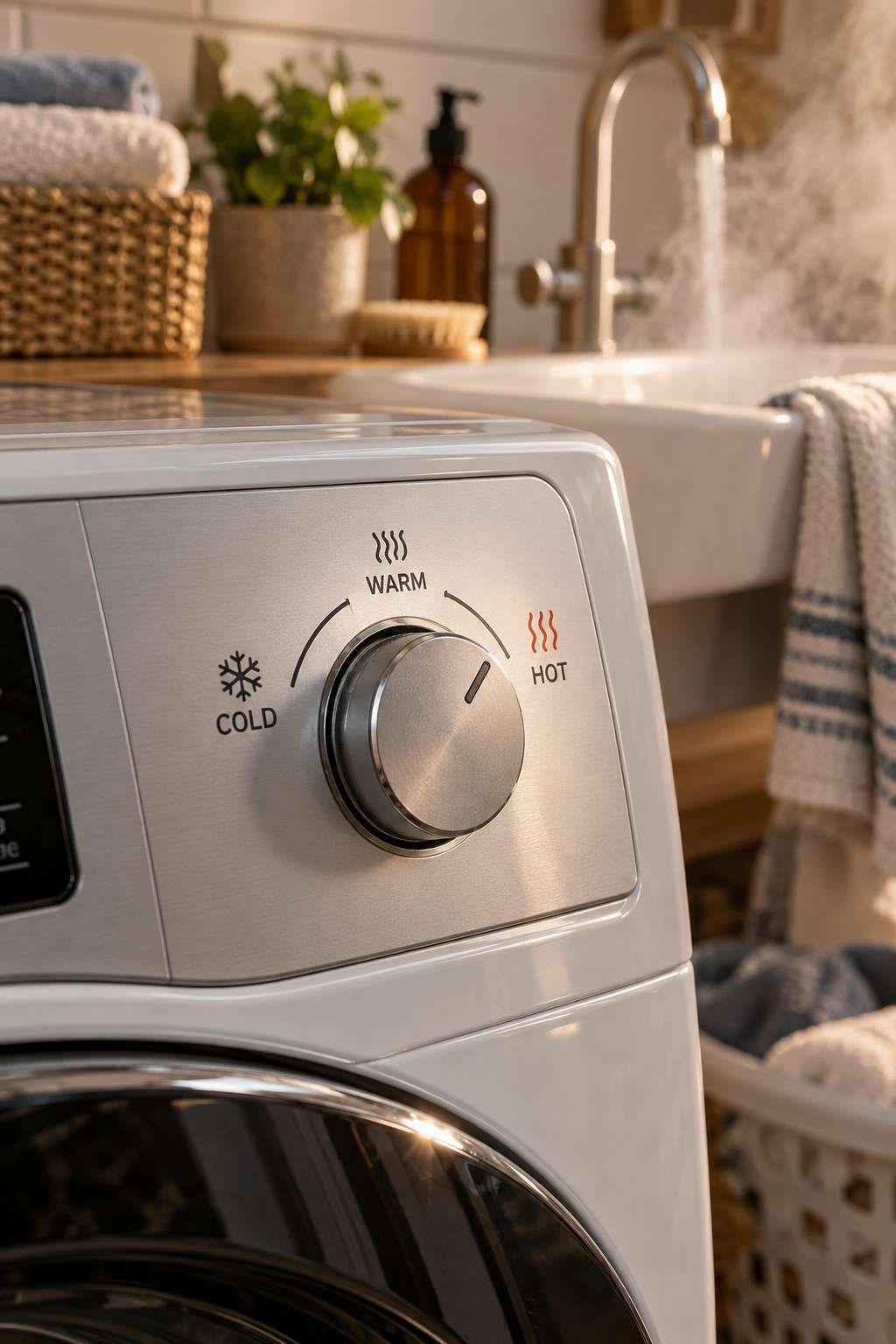 Washing machine temperature dial set to warm showing wash temperature options