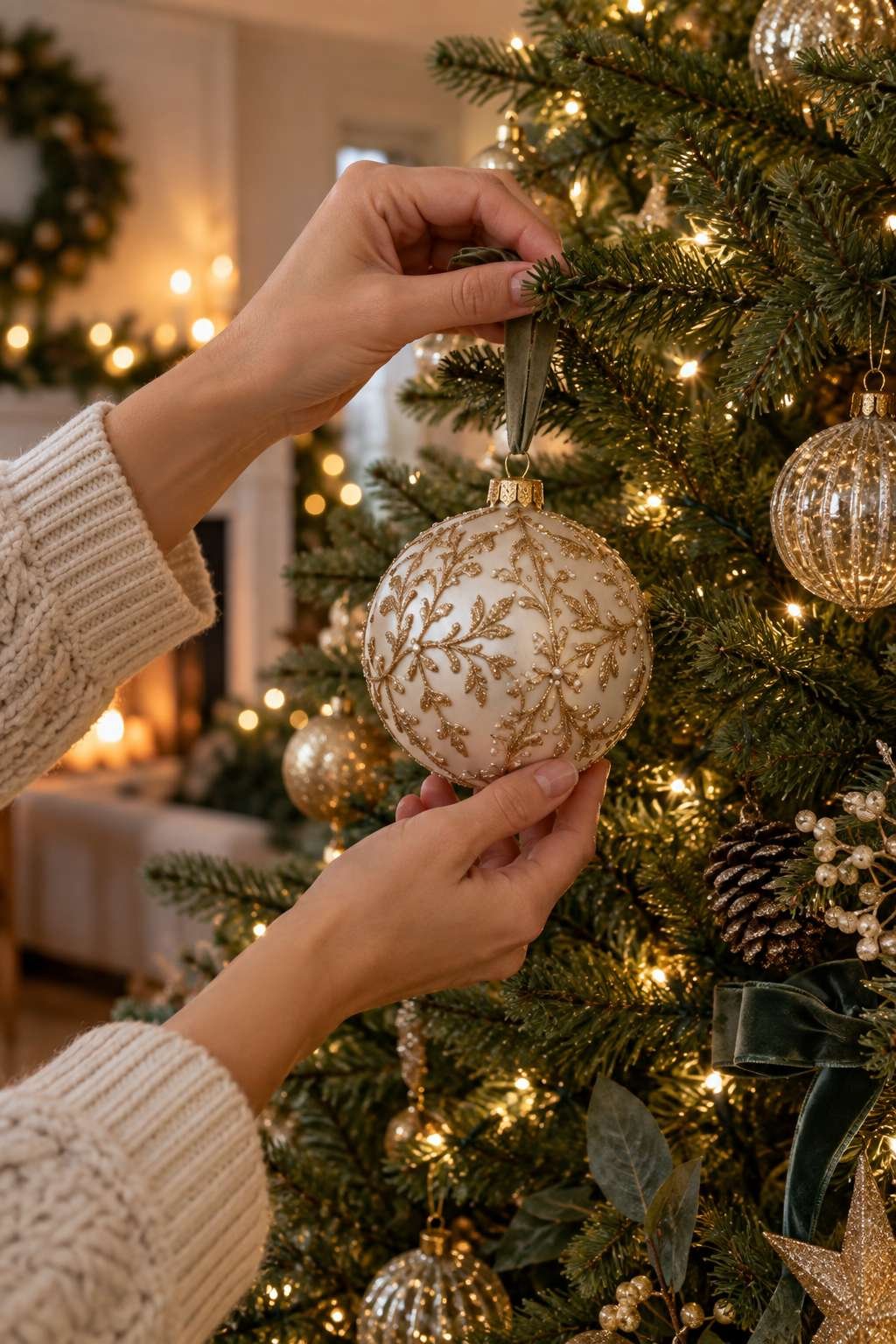 Hanging ornaments on a lit Christmas tree