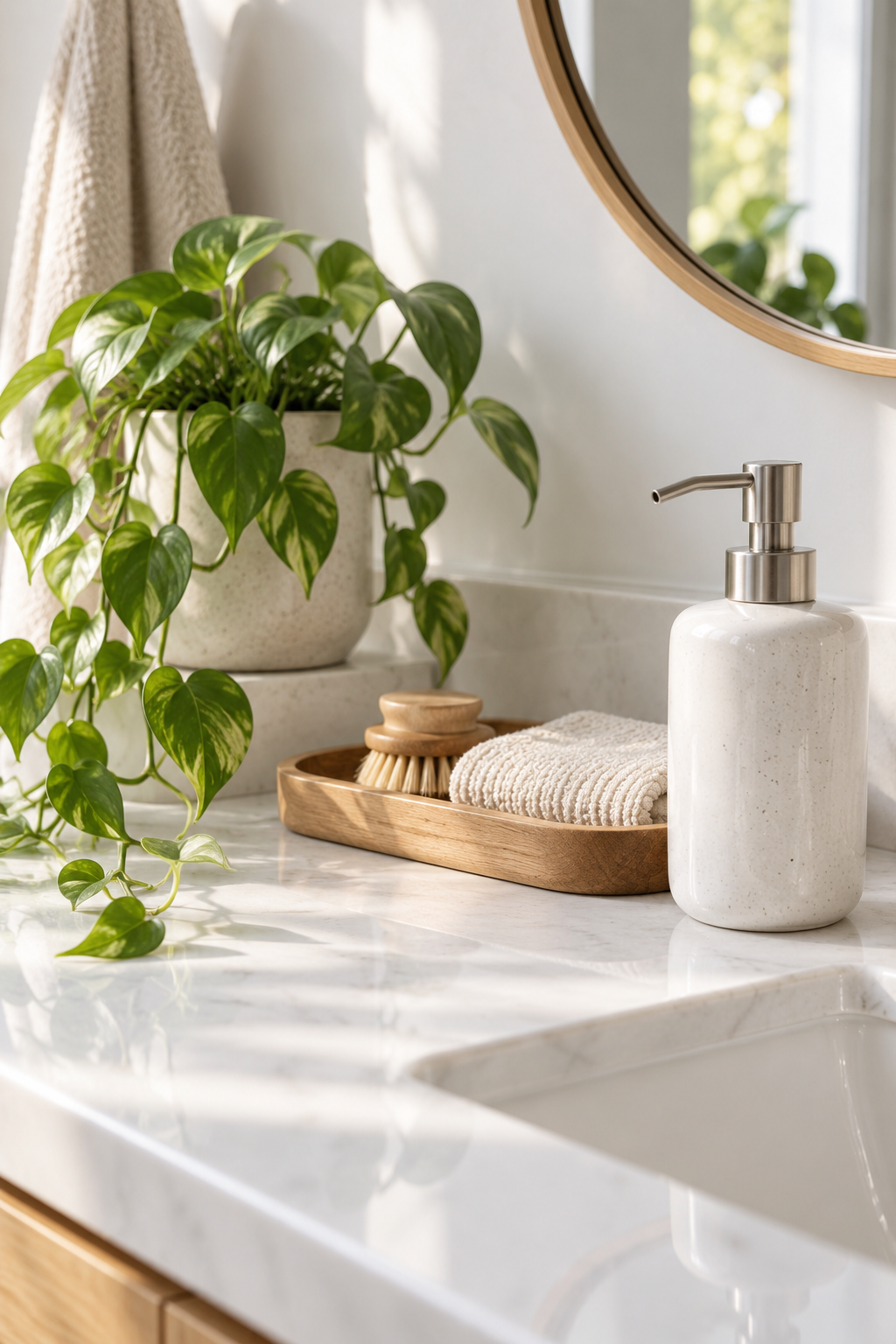 Styled bathroom counter with soap dispenser, tray, and small plant