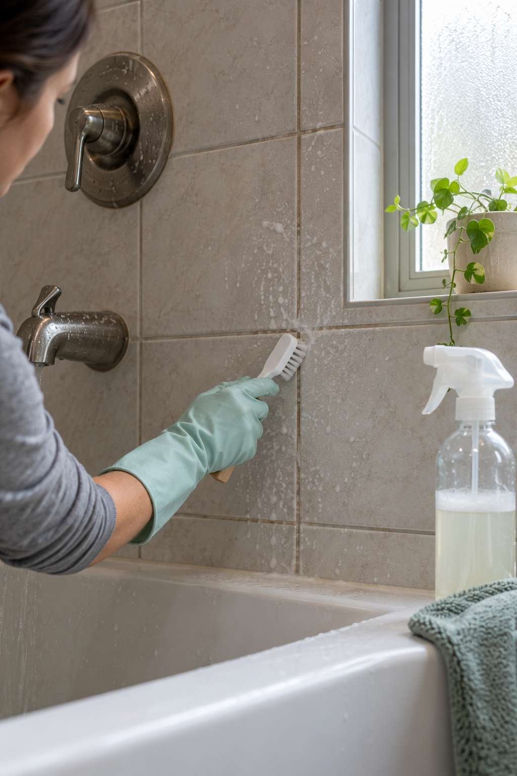 Scrubbing bathroom tile grout during a deep clean