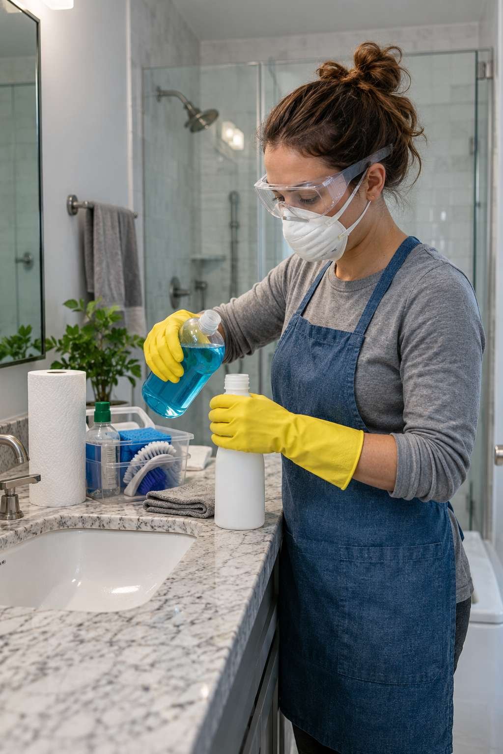 Person wearing protective gear before cleaning bathroom mold