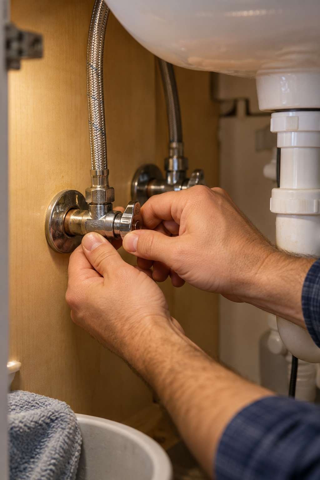 Turning off the water shutoff valve before faucet repair