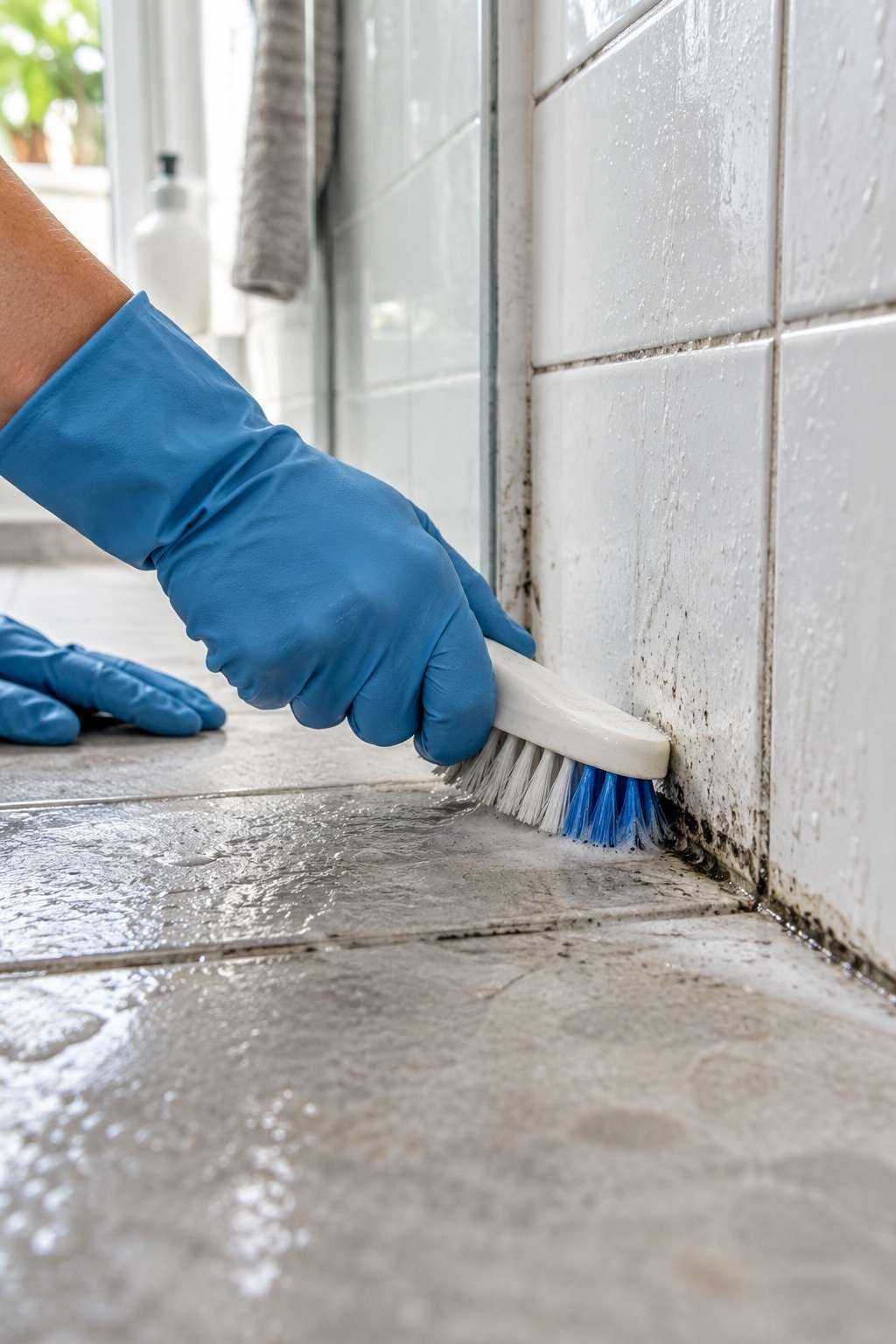 Scrubbing mold from bathroom tile grout with a brush
