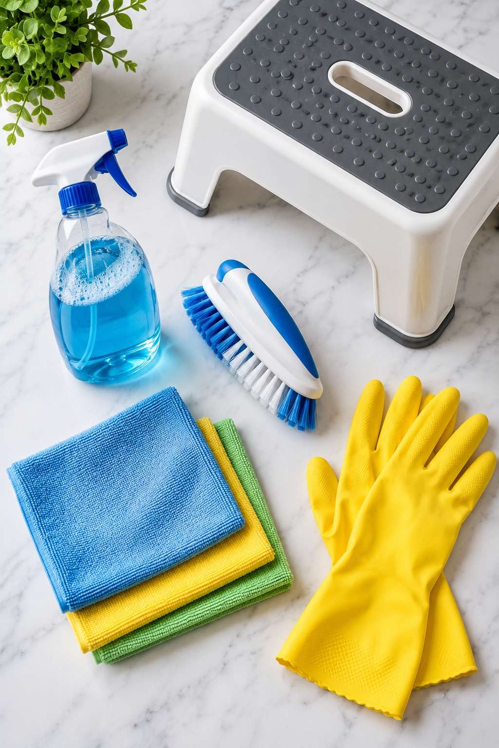 Cleaning supplies laid out for removing bathroom ceiling mould