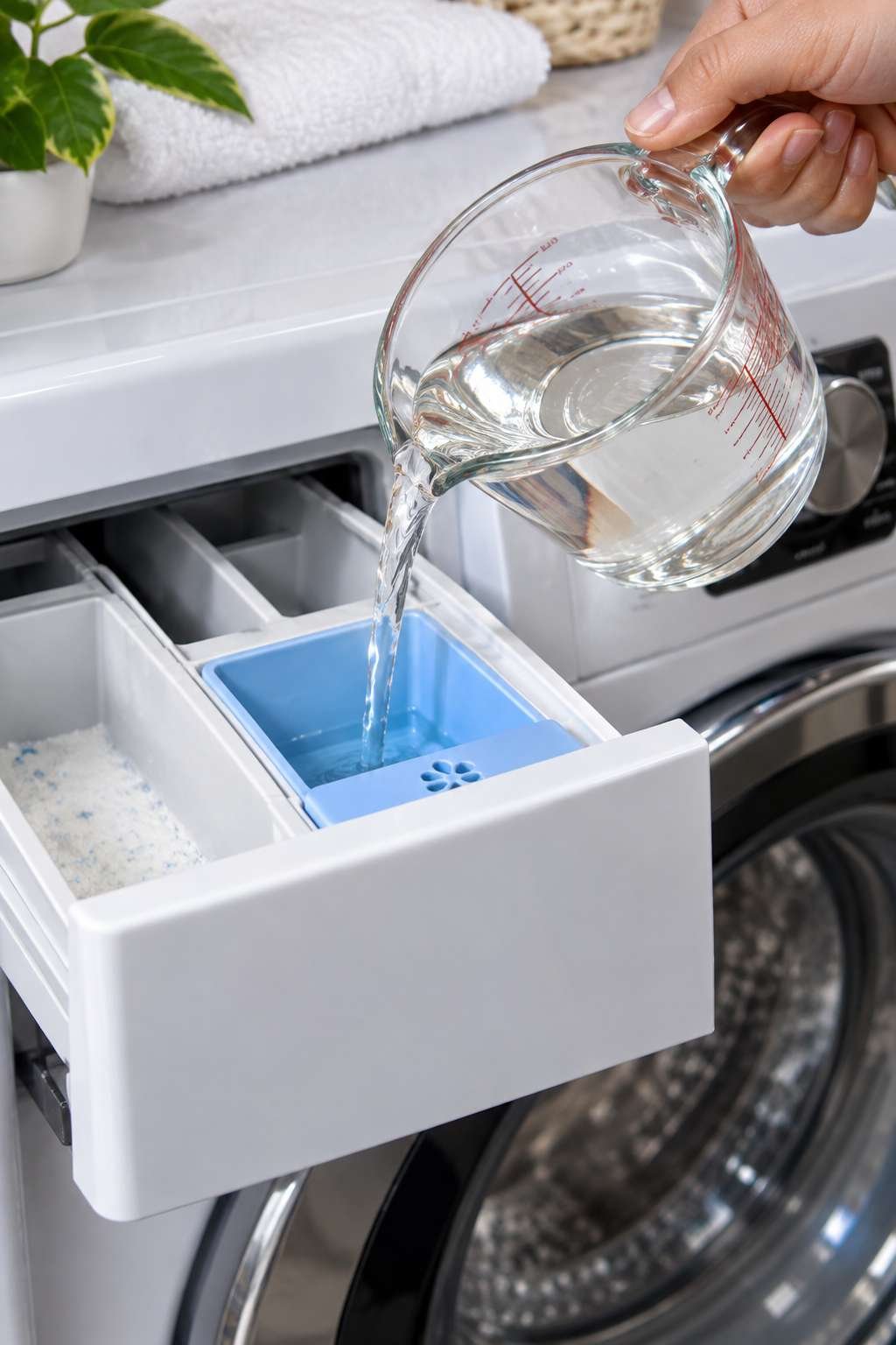 Pouring vinegar into a washing machine dispenser