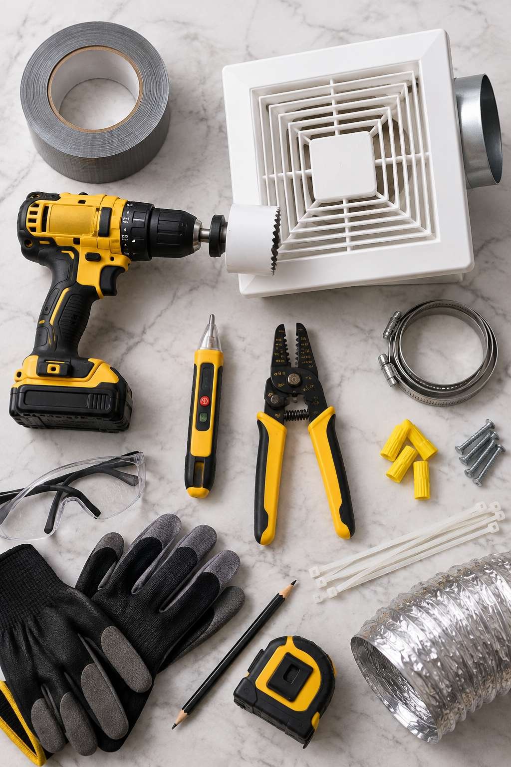 Tools laid out for installing a bathroom exhaust fan
