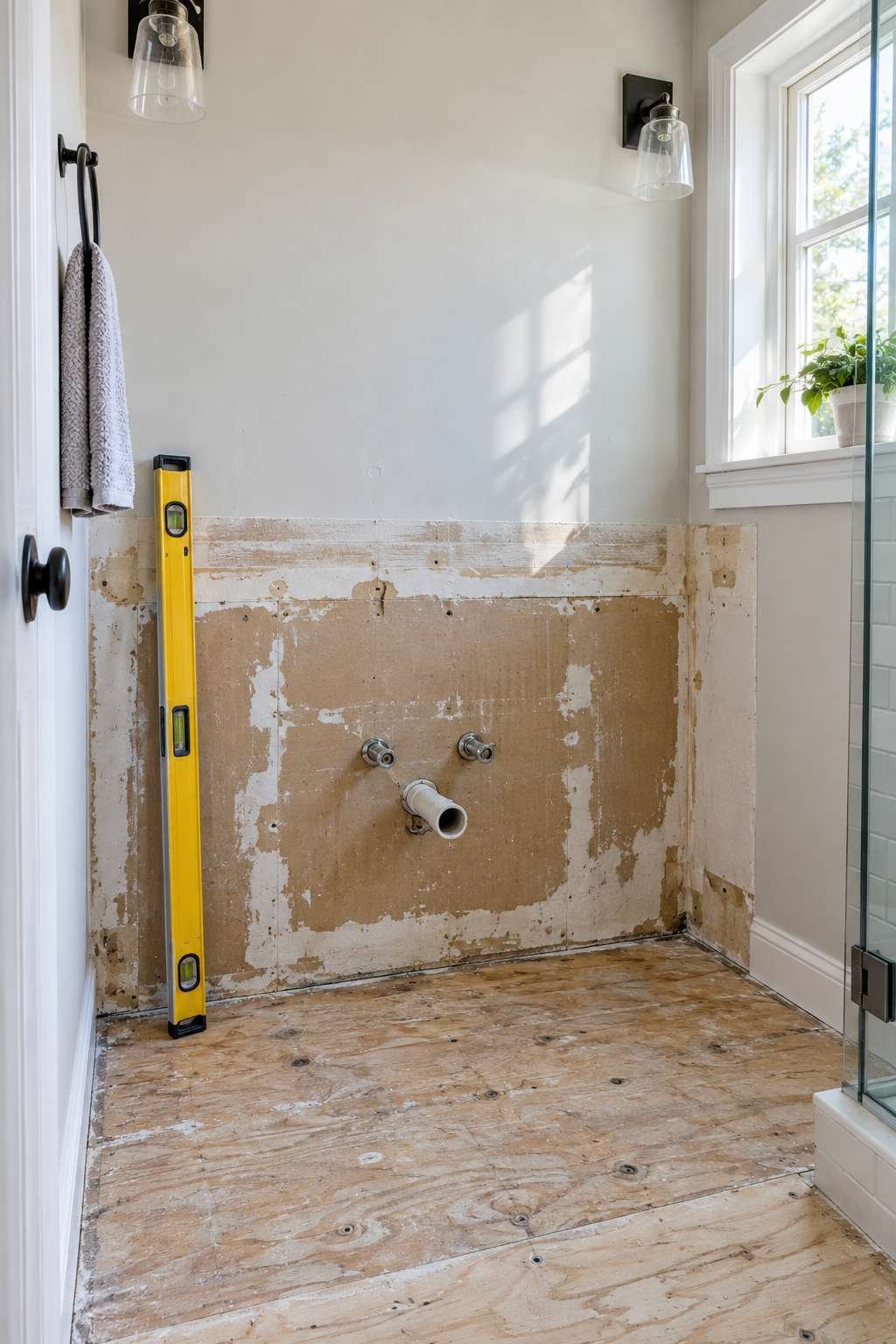 Level checking an empty bathroom wall for evenness before vanity installation
