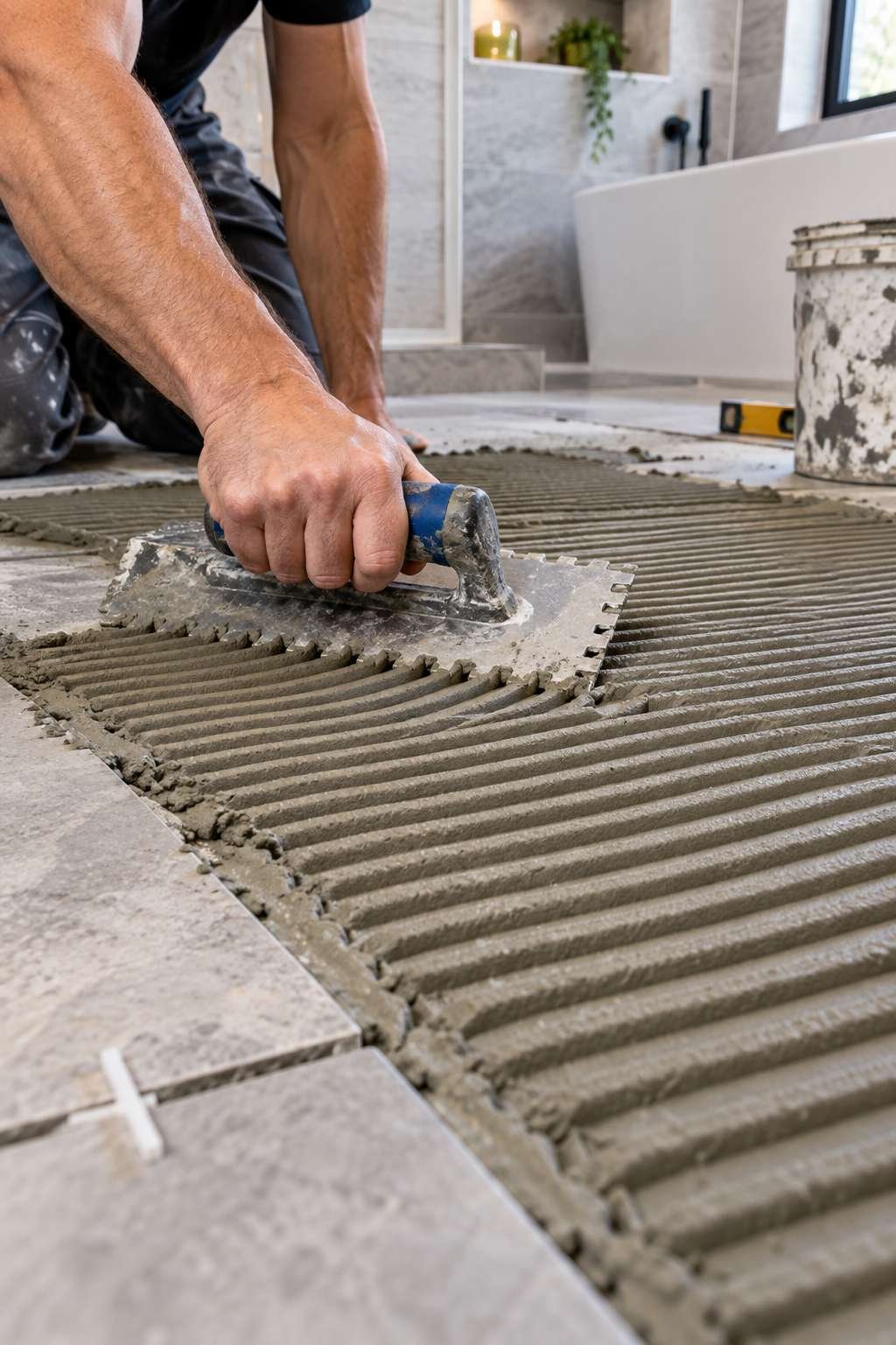 Applying thin-set mortar with a notched trowel before tiling
