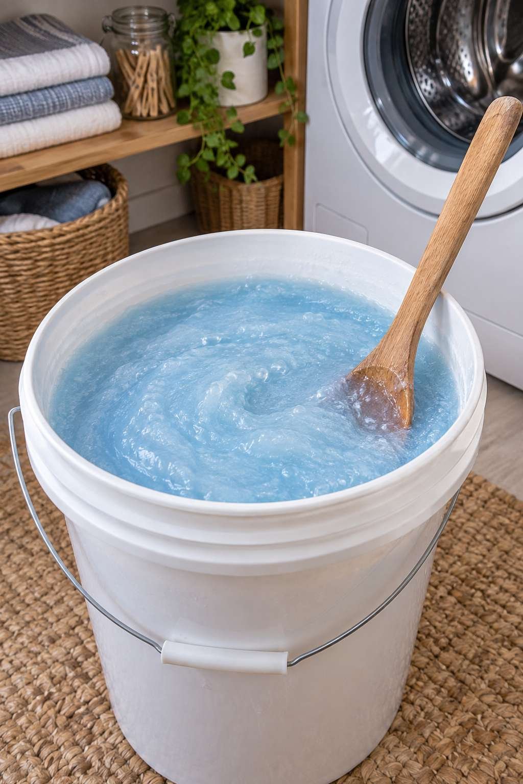Bucket of gelled homemade liquid laundry detergent ready for bottling