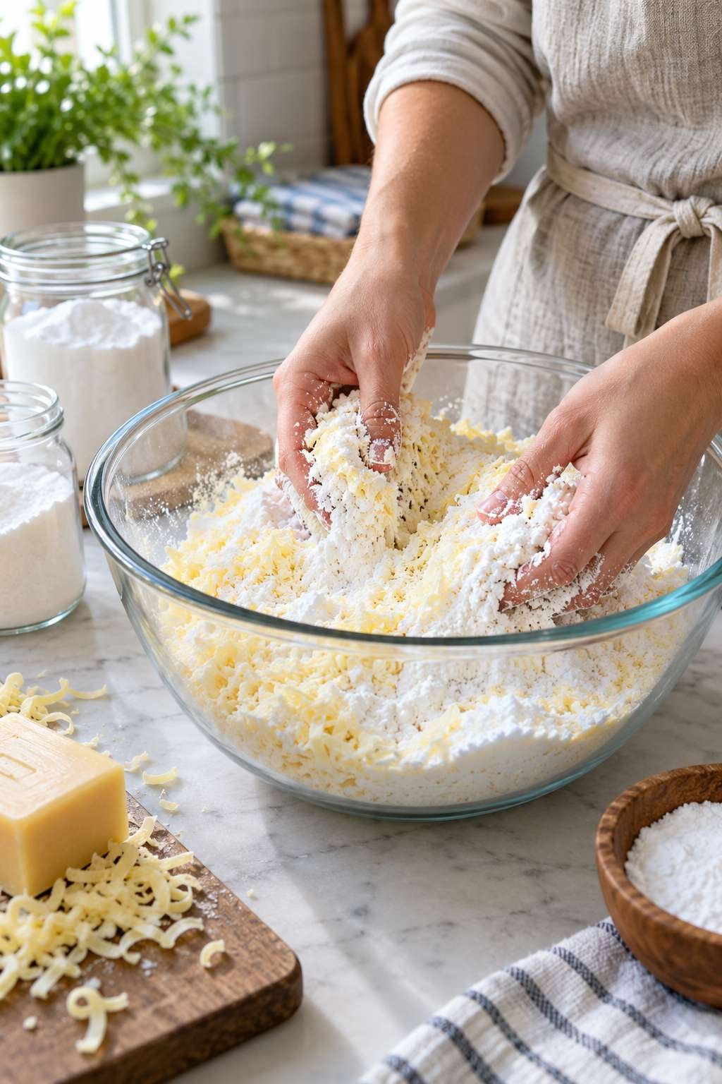 Hands mixing grated soap with washing soda and borax in a bowl