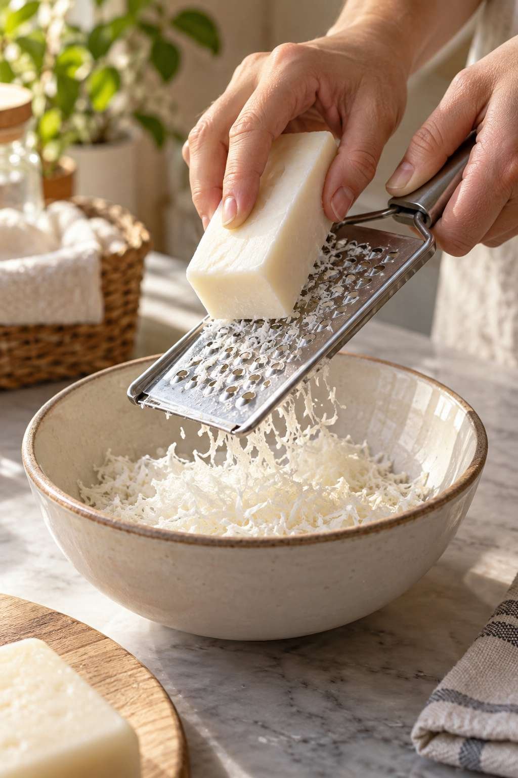 Grating bar soap into fine shreds for detergent