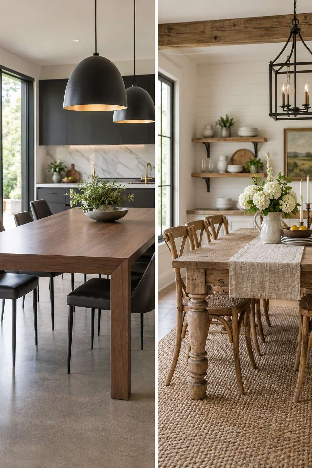 Comparison of a modern kitchen table and a farmhouse-style table