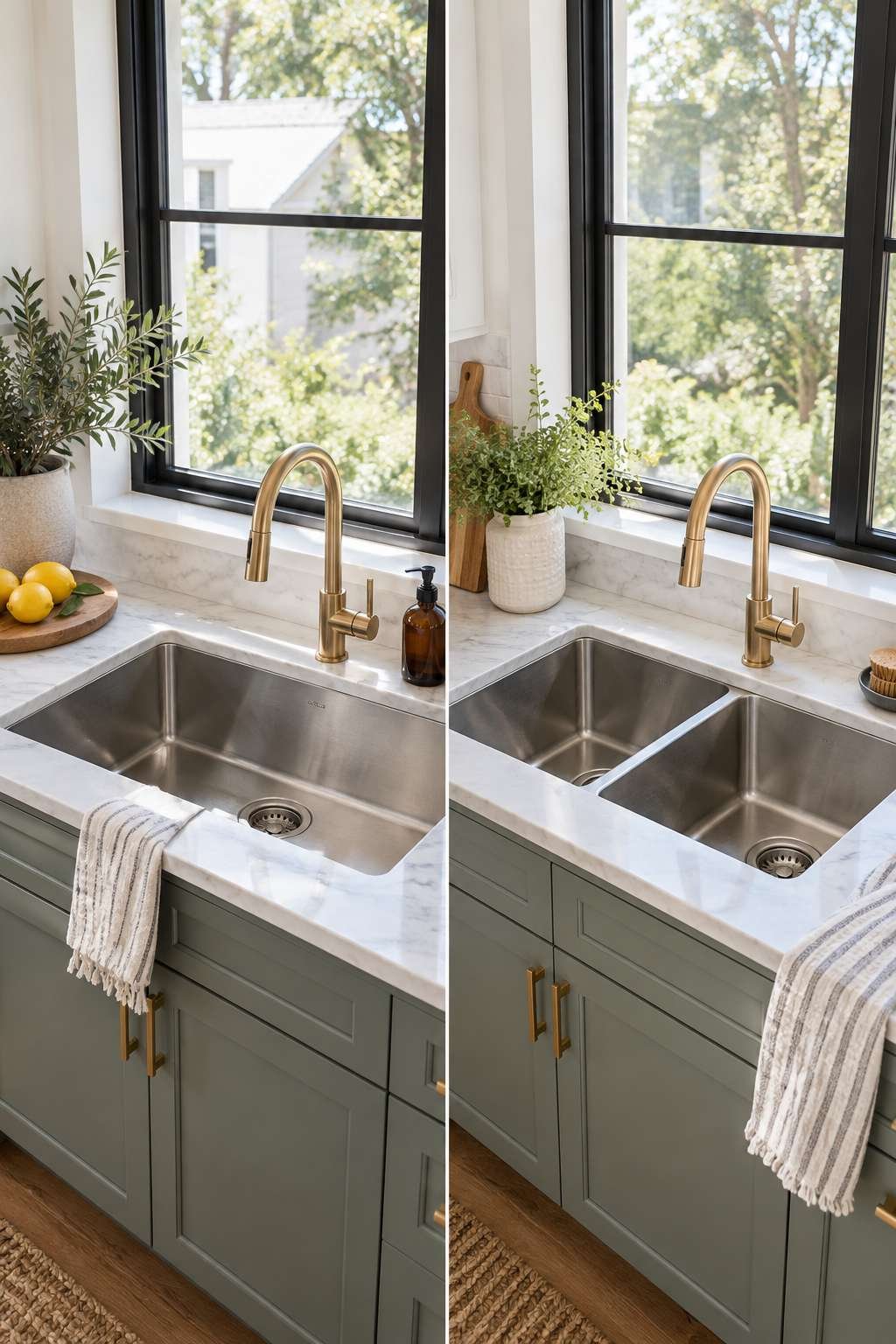 Comparison of a single-bowl and double-bowl kitchen sink
