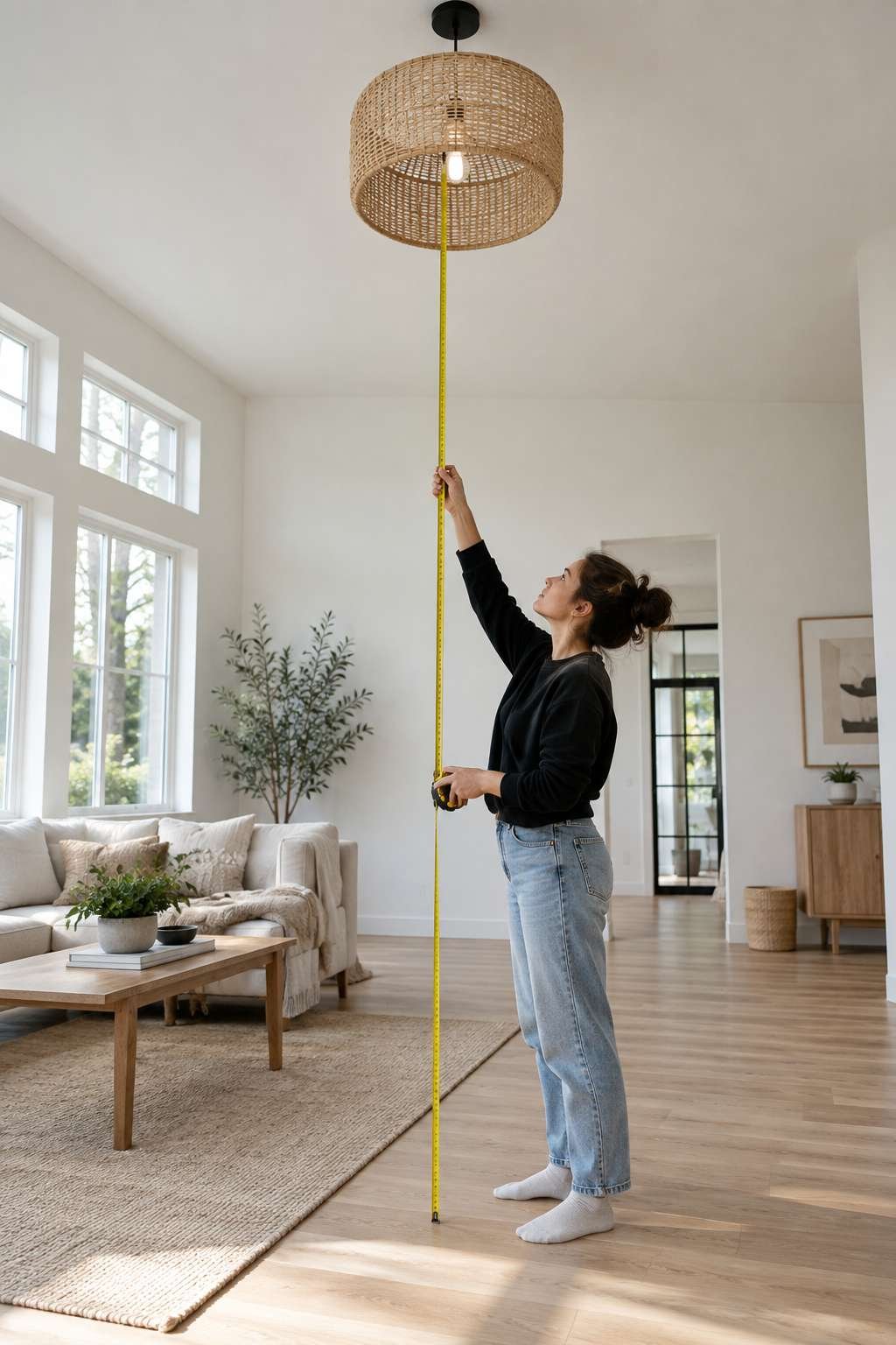 Measuring ceiling height near a light fixture in an empty room