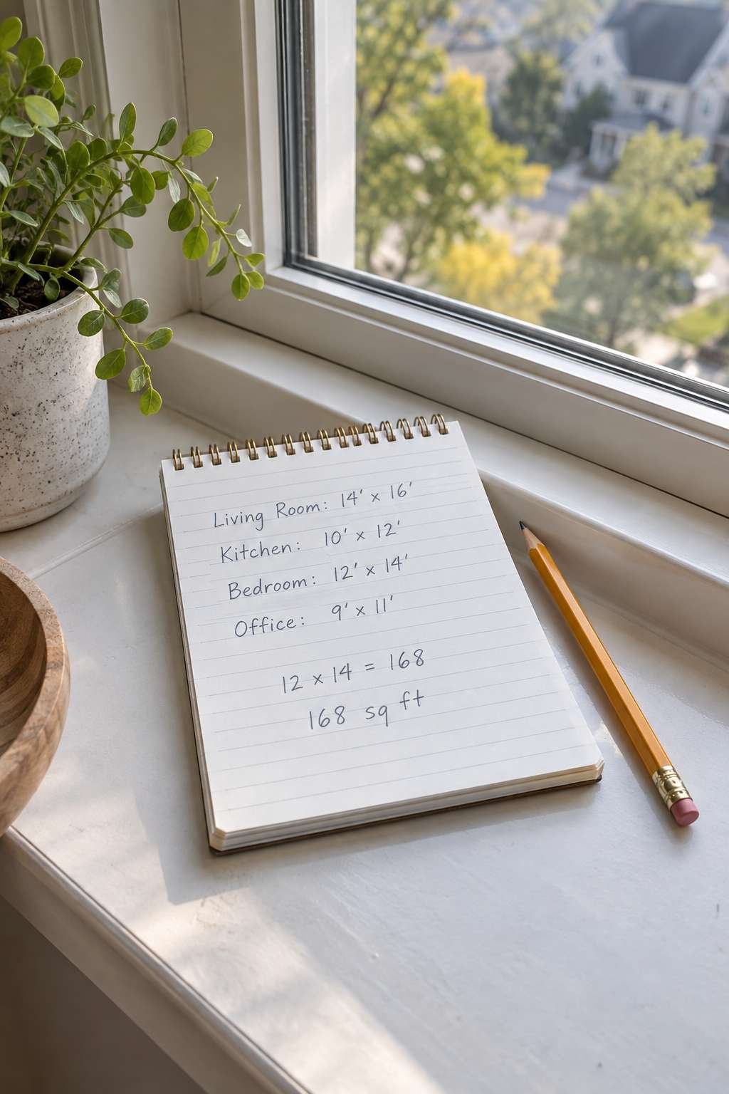 Notepad showing handwritten square footage calculation for a room