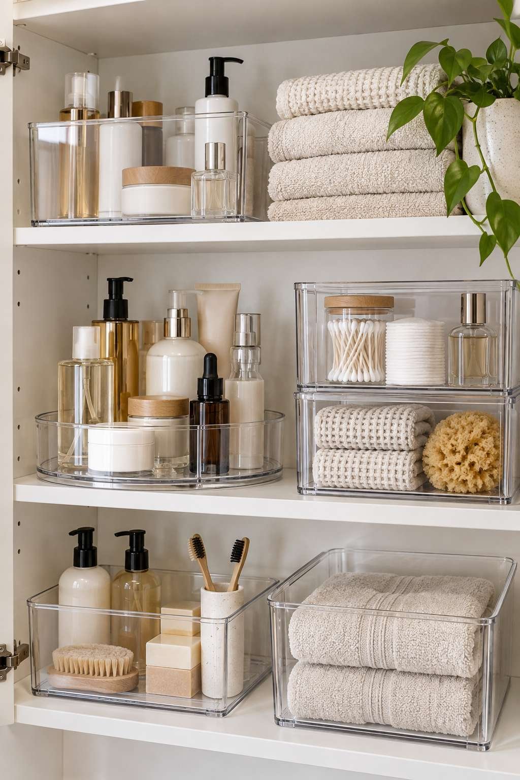Clear acrylic bins and turntable organizer for bathroom cabinet storage