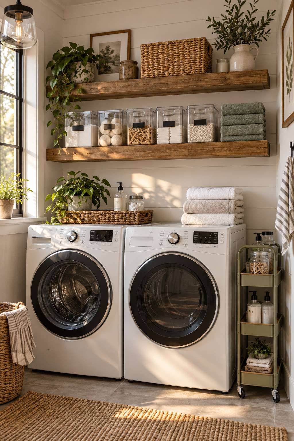 Floating shelves with labeled bins above laundry machines
