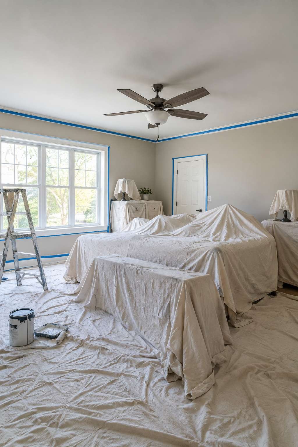 Bedroom prepped for painting with furniture covered and tape applied