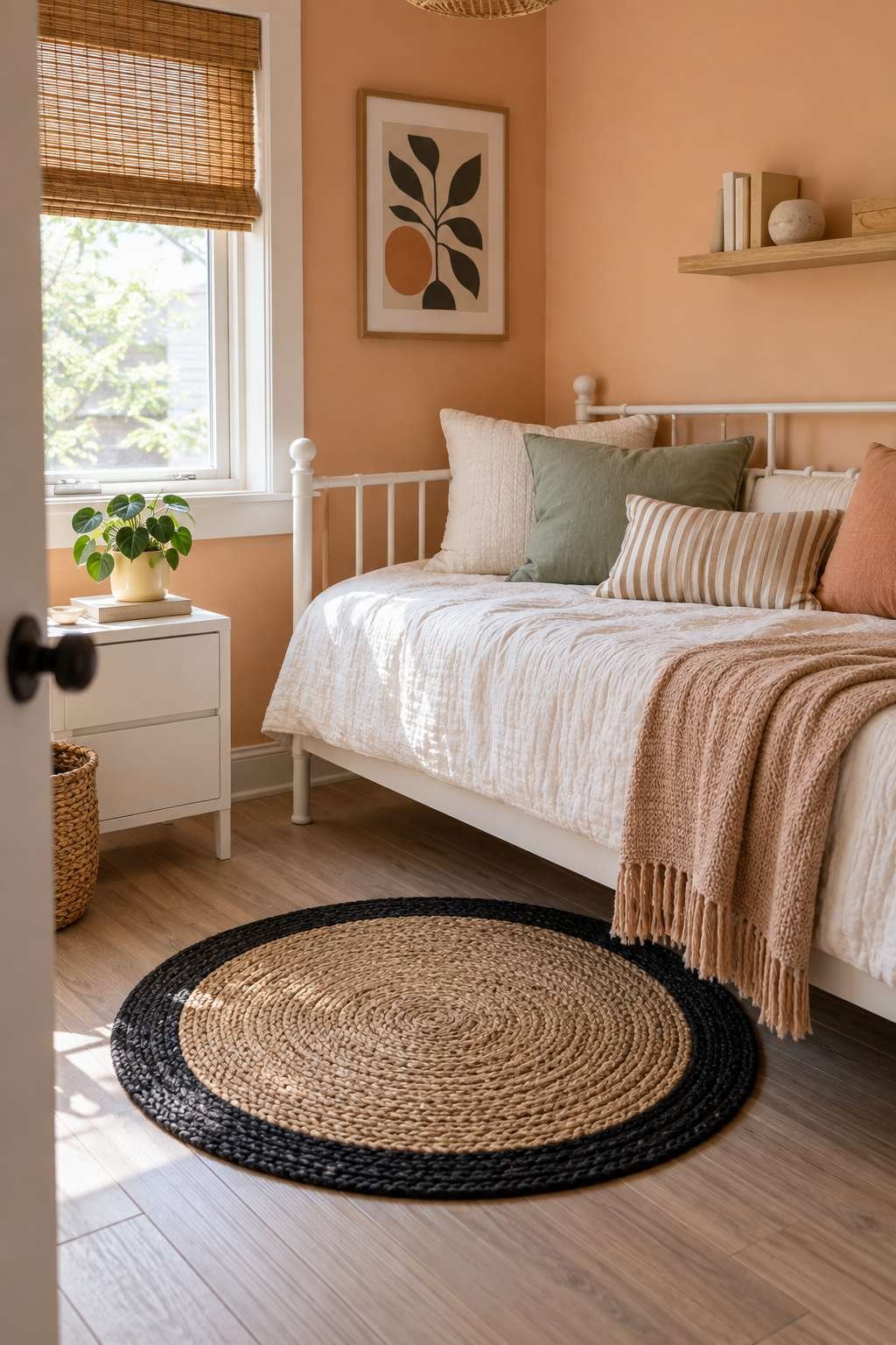 Small area rug placed at the foot of a bedroom bed