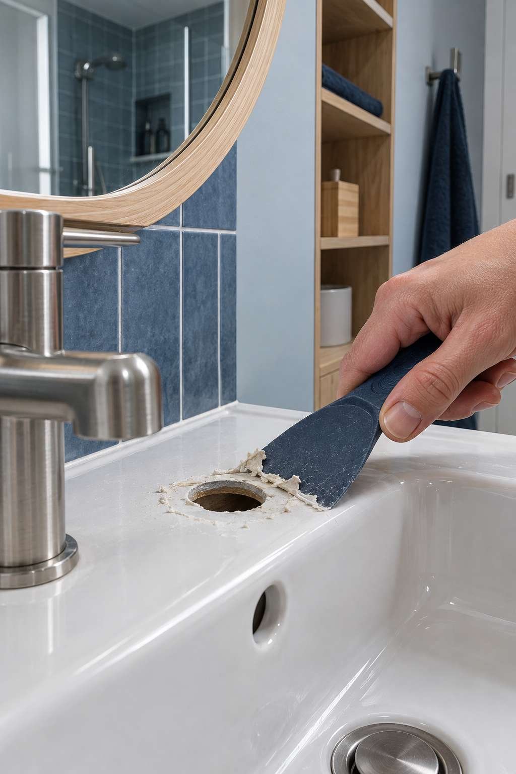 Cleaning old caulk residue from a sink before faucet installation