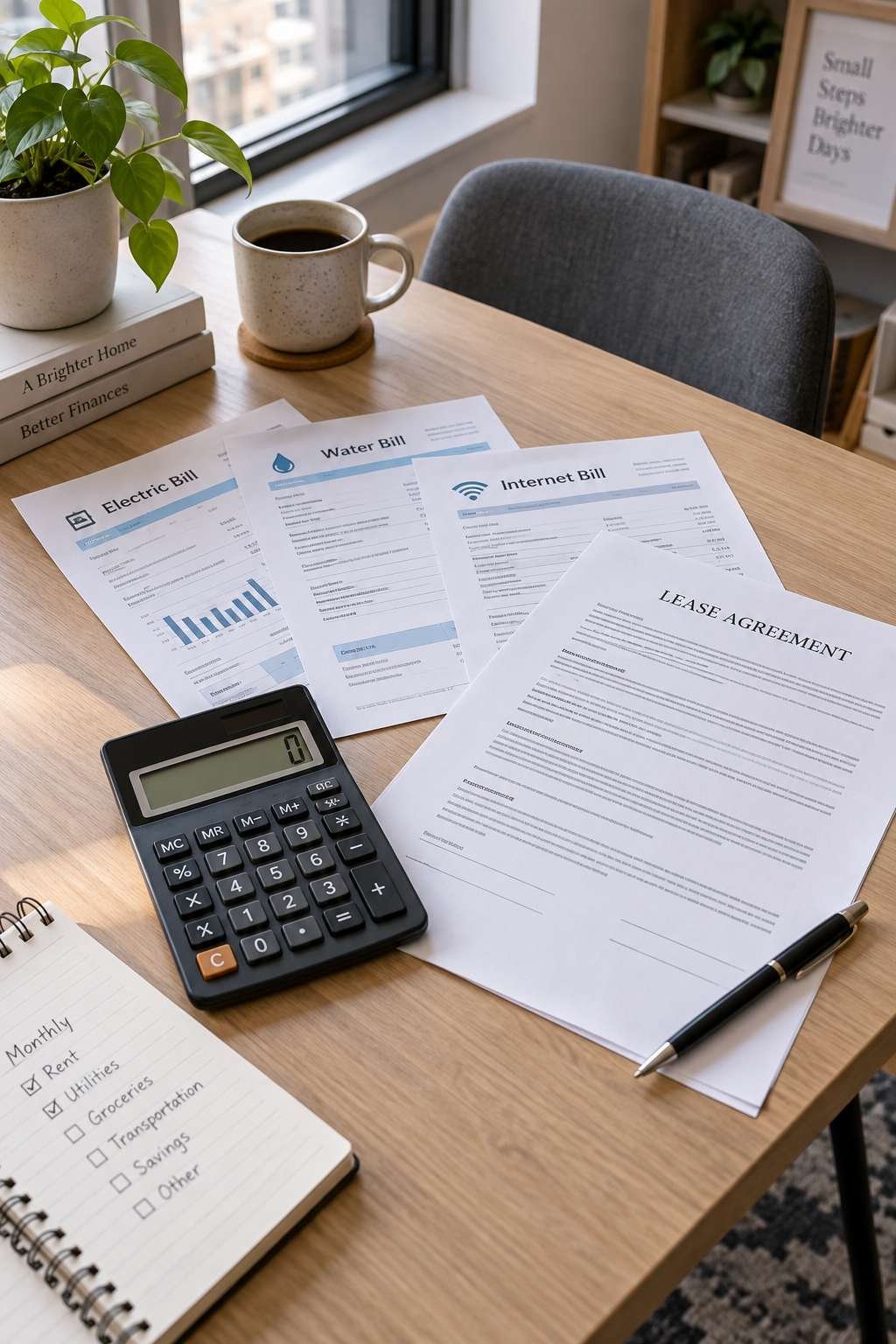 Utility bills and lease paperwork representing costs beyond apartment rent