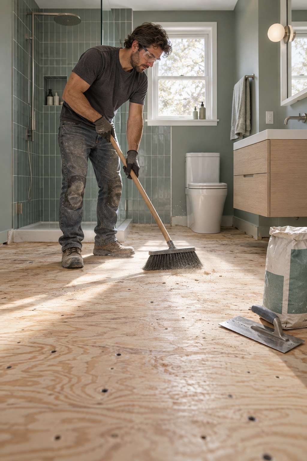 Bare bathroom subfloor being prepared and leveled before tiling
