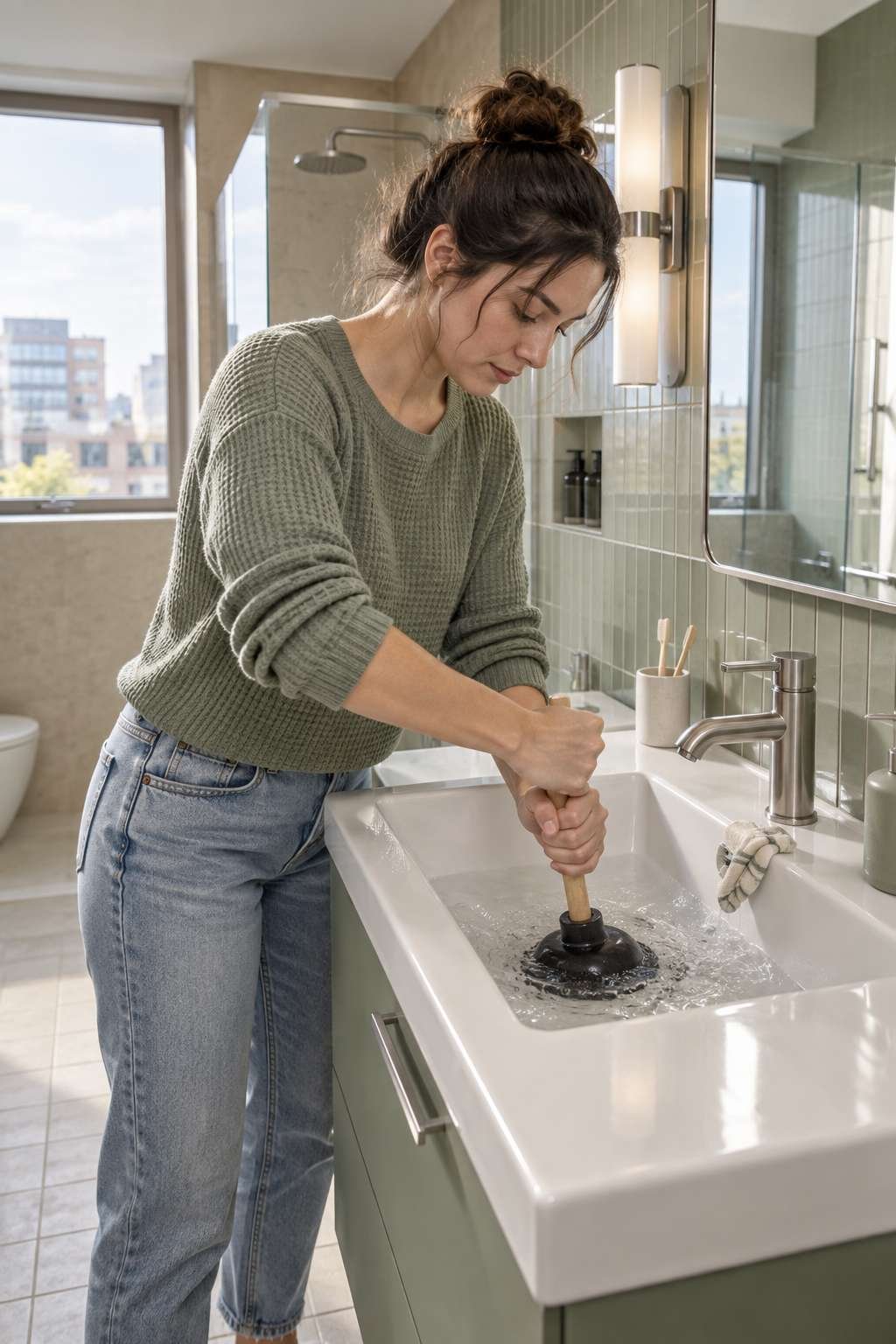 Using a cup plunger to clear a stubborn bathroom sink clog