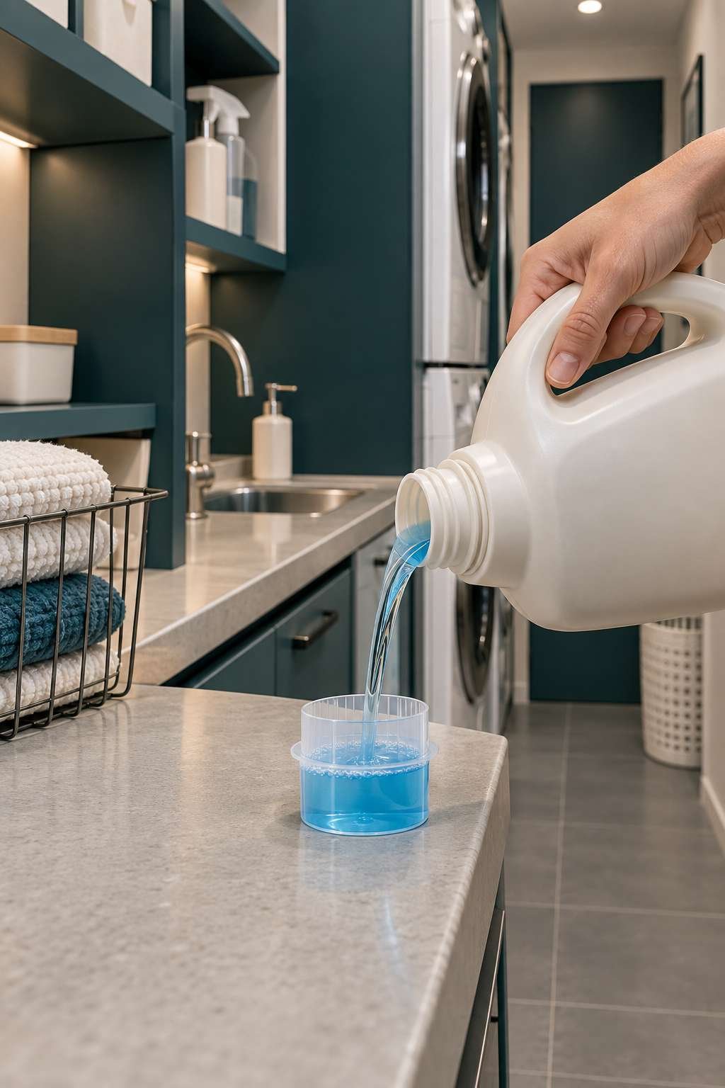 Measuring liquid laundry sanitizer into a cap