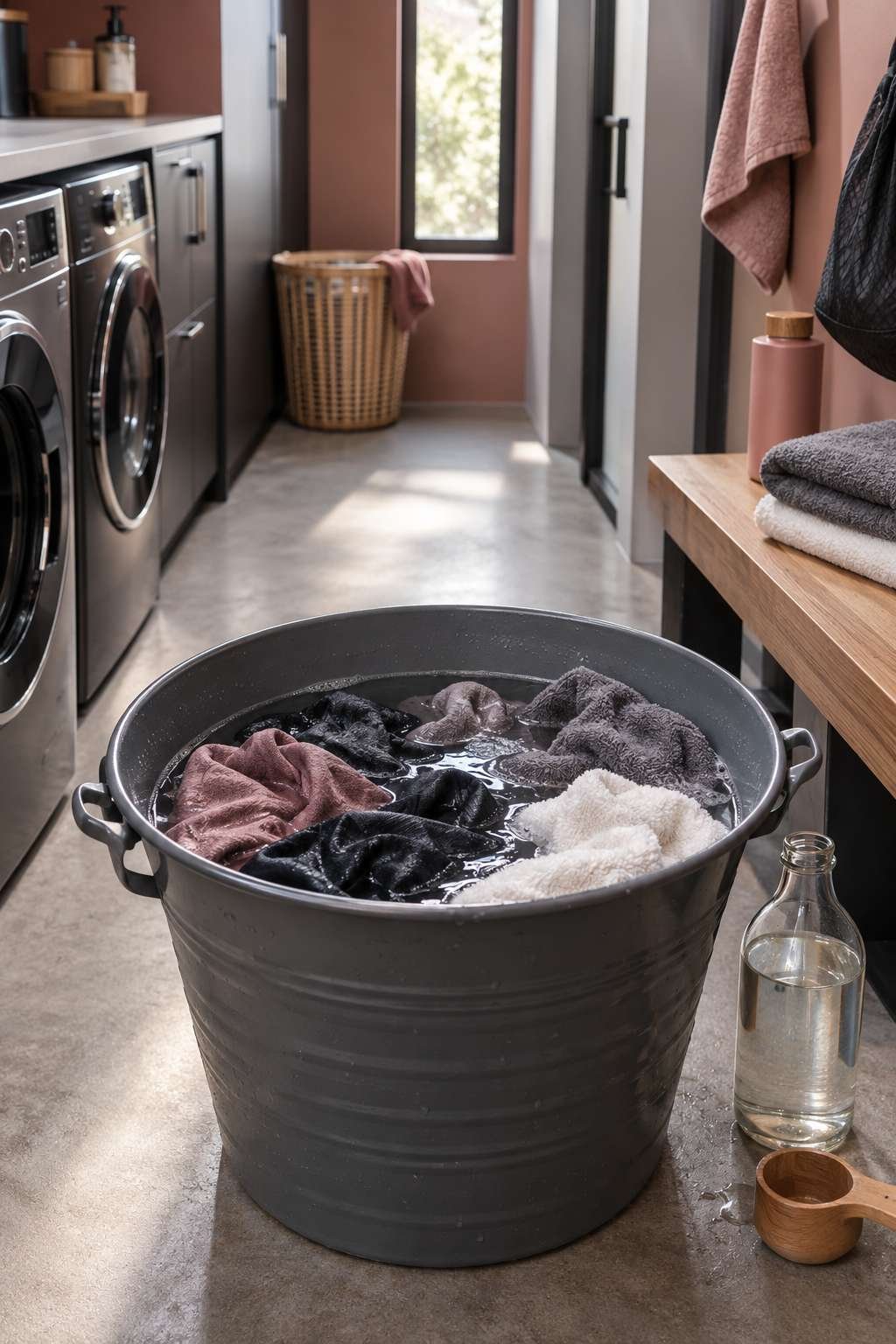 Gym clothes soaking in a vinegar solution to remove odors before washing