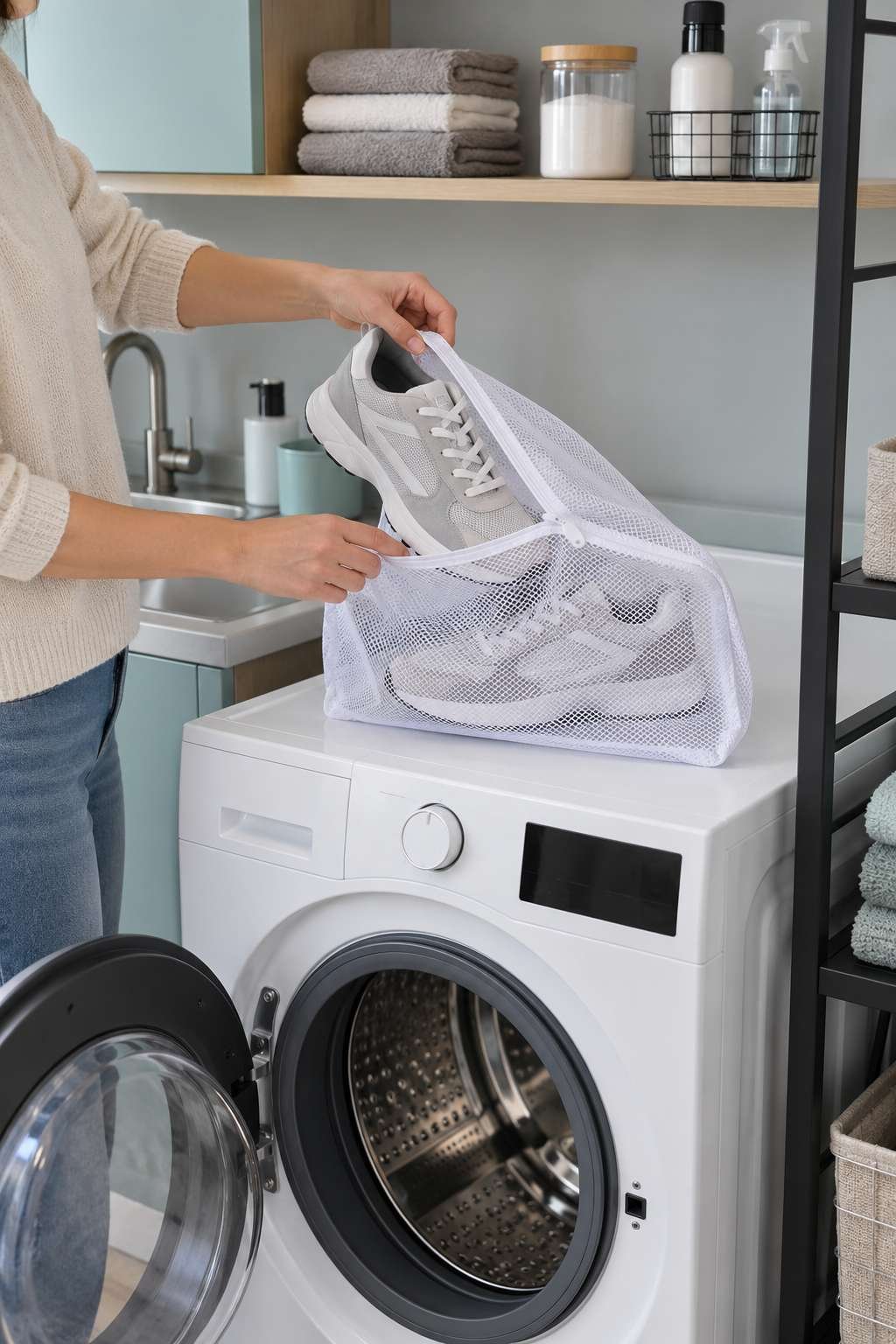 Placing sneakers into a mesh laundry bag before washing