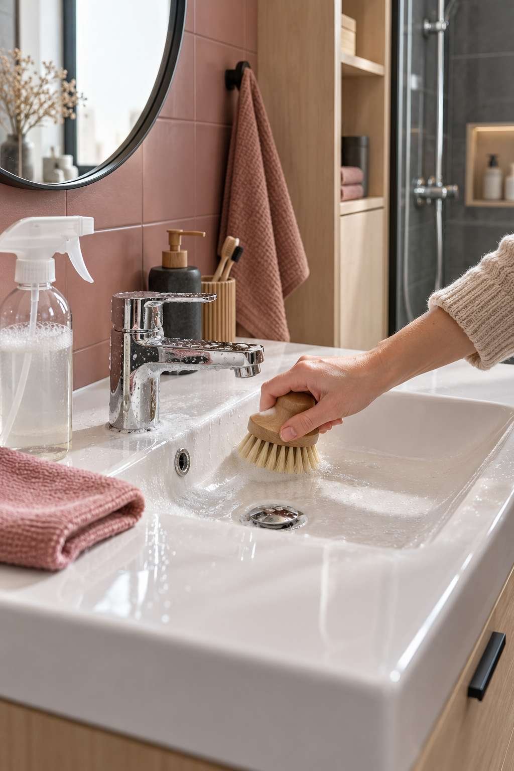 Hand scrubbing a bathroom sink and chrome faucet until spotless