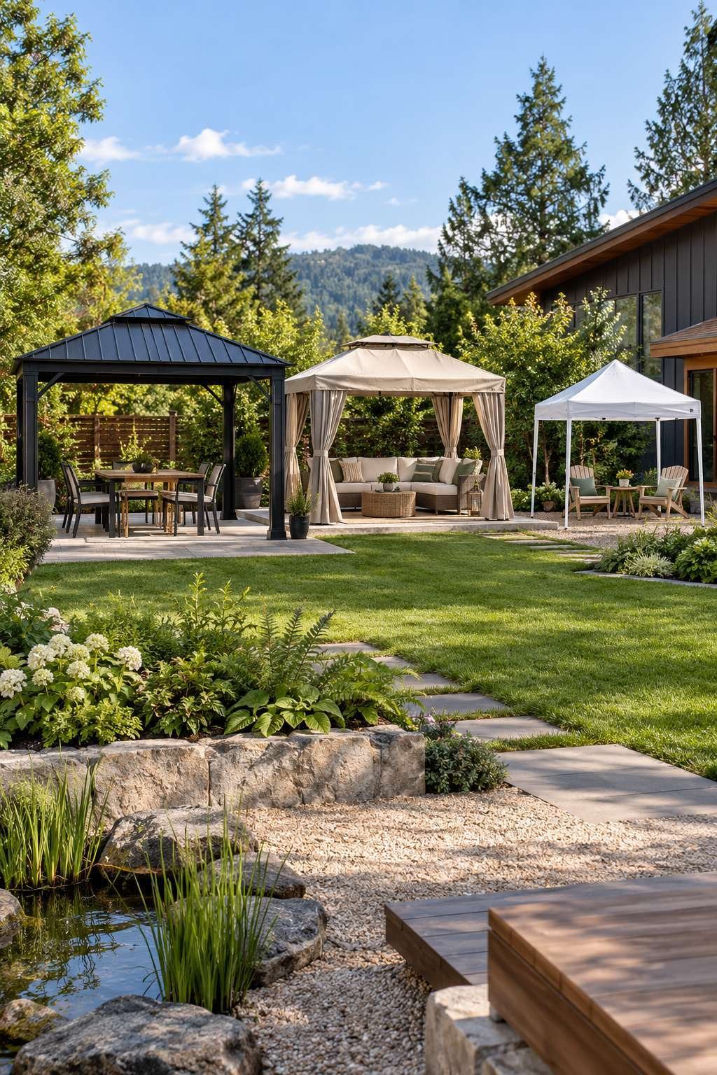 Comparison of hardtop, soft-top, and pop-up gazebo types in a backyard setting