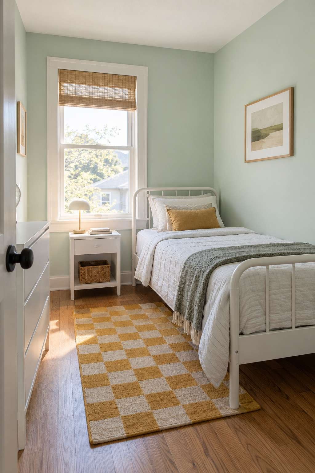 Small bedroom near minimum legal size with a twin bed and window