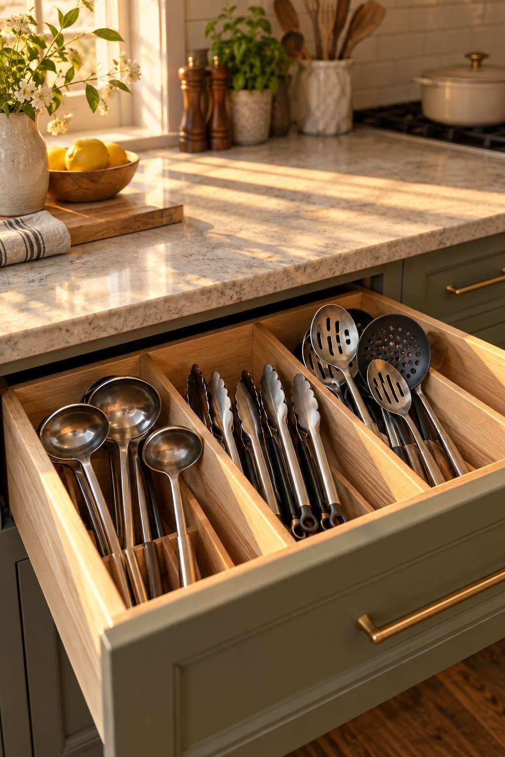 Slotted utensil tray with upright cooking tools in a well organized kitchen drawer