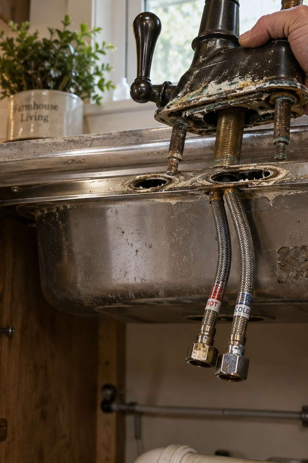 Hand turning off a water shutoff valve beneath a kitchen sink