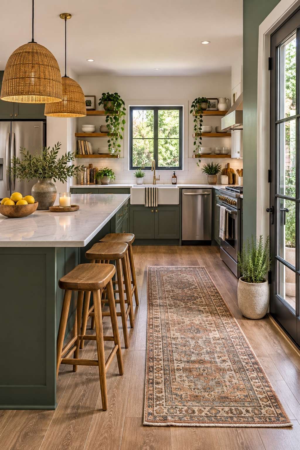 Quartz countertop on kitchen island with granite and laminate samples nearby