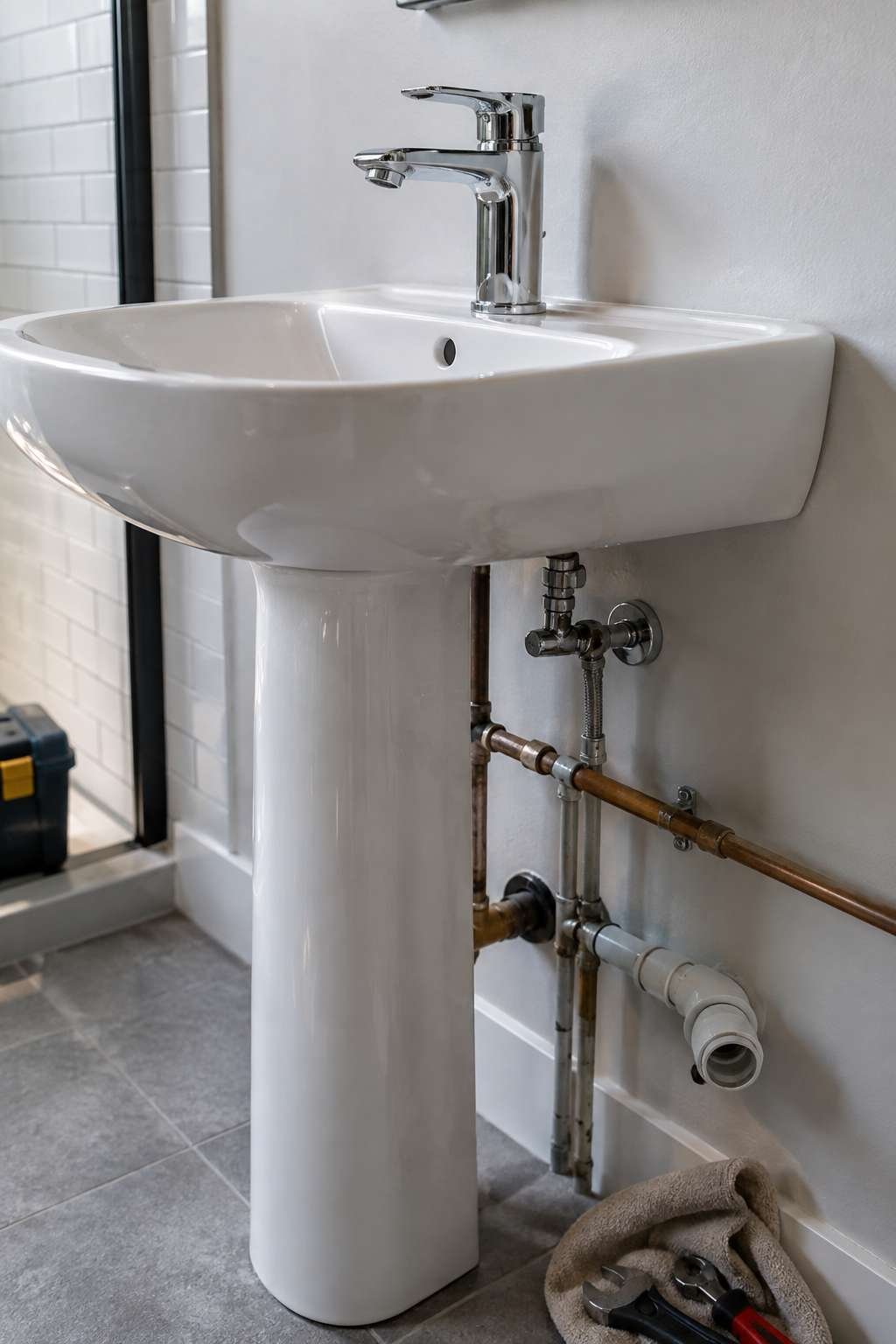 New pedestal sink and plumbing fixtures during a bathroom remodel