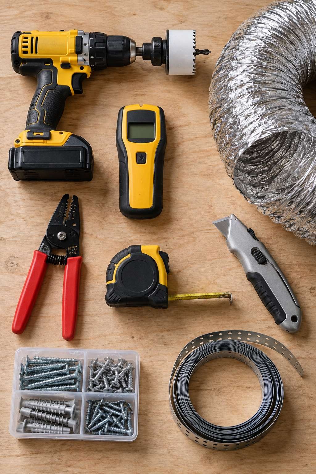 Tools and materials needed to install a bathroom exhaust fan laid out flat