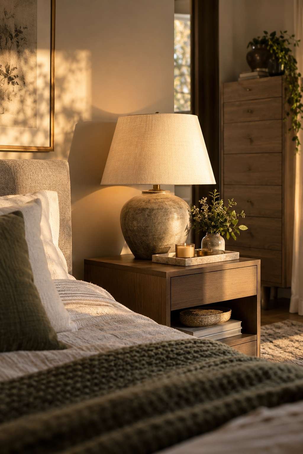 Nightstand at mattress height beside a tall narrow bedroom dresser
