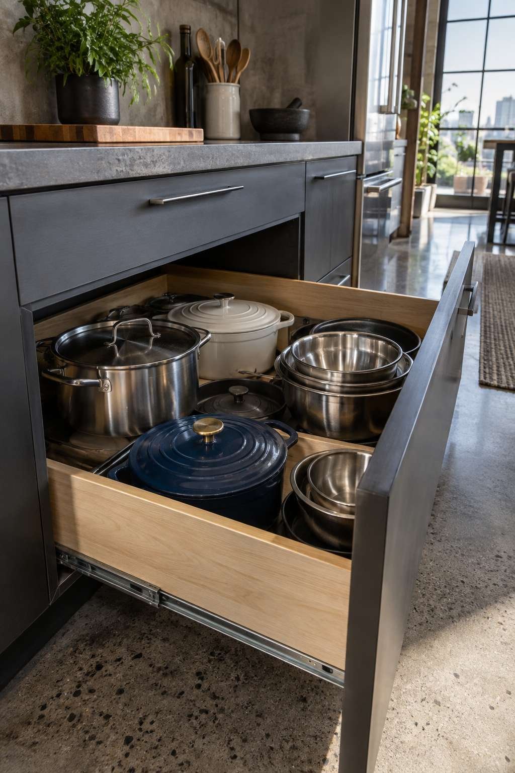 Lower kitchen cabinet pull-out drawer with nested heavy pots and mixing bowls