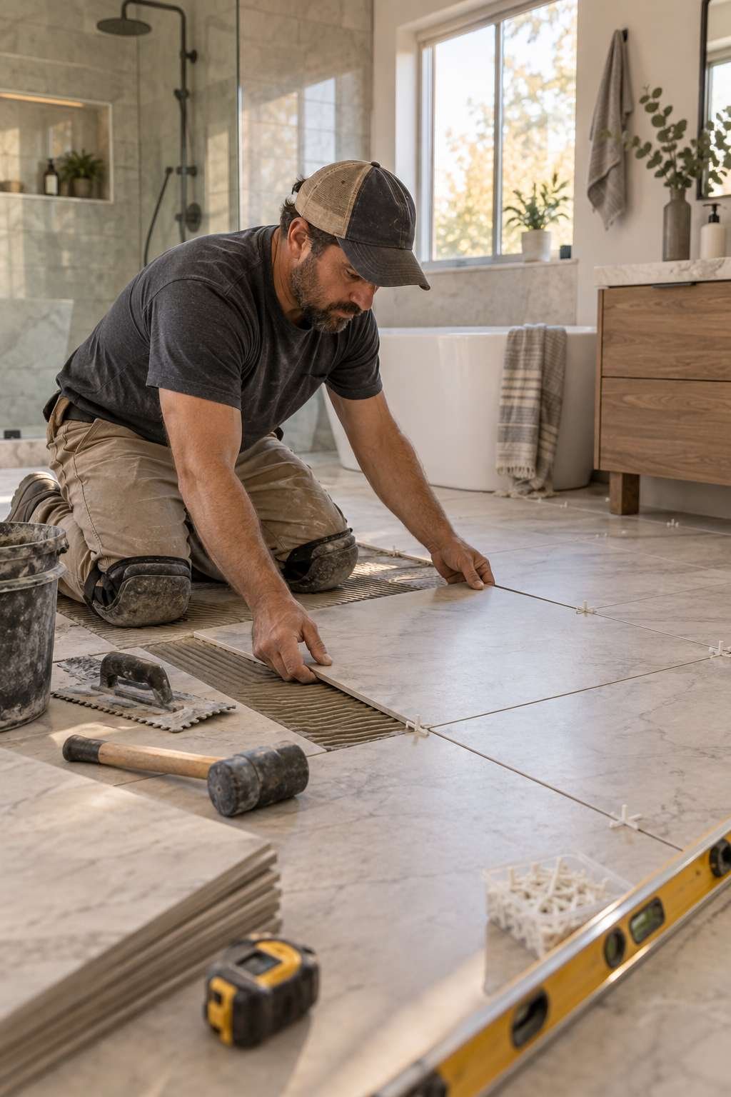 Professional tile setter installing porcelain floor tile during a bathroom remodel, showing labor cost