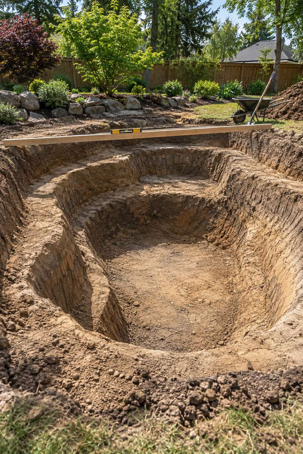 Excavated backyard pond hole showing sloped walls and depth shelving tiers